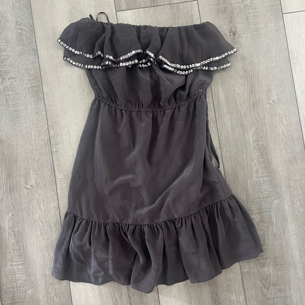 Rebecca Taylor Strapless Dark Gray Dress with Sequin Trim